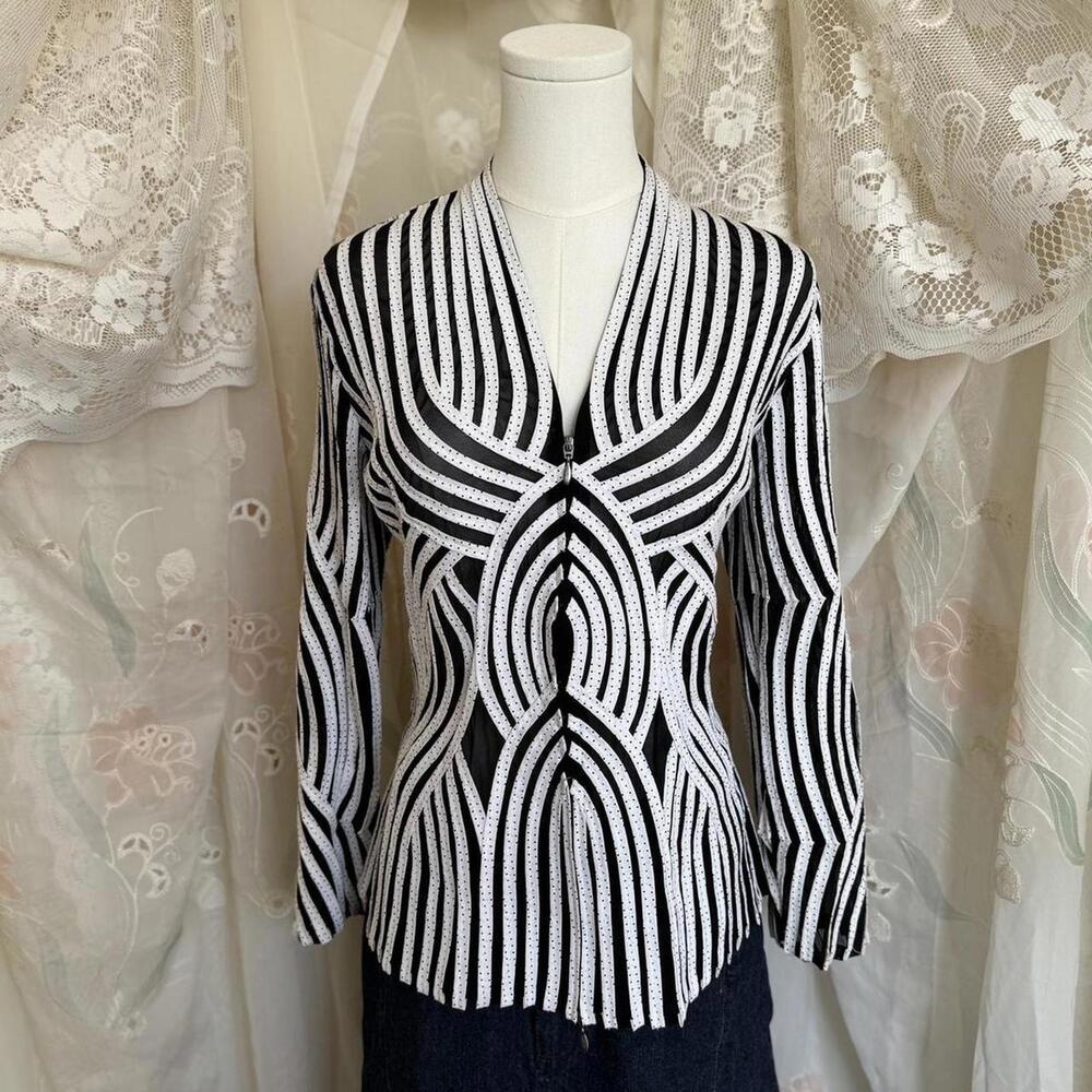 SOLD Alexandra Rosati black and white stripe zip up jacket Sz 12
